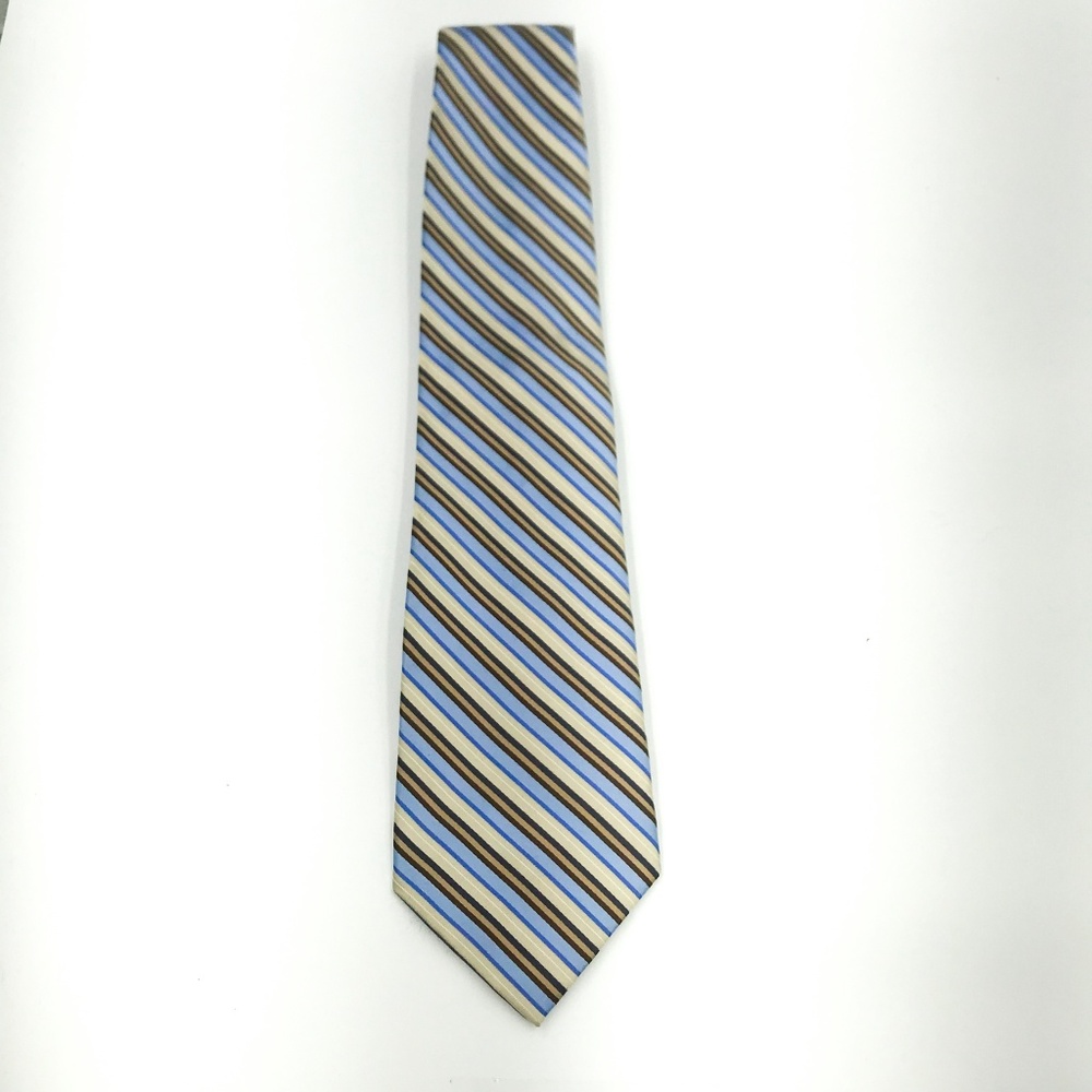 Claiborne Tan Blue Brown Striped Silk Necktie